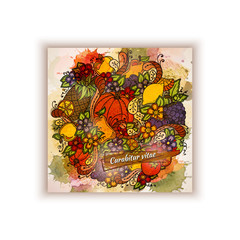 Autumn vector banner. Vector template with watercolor paint and fruits, vegetables, berries and flowers background. Pumpkin, orange, apple, pear, cherry, strawberry, lemon, pineapple, grapes, plums