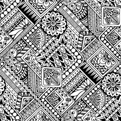 Seamless asian ethnic floral retro doodle black and white background pattern in vector. Henna paisley mehndi doodles design tribal black and white pattern.