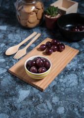 Fresh grape fruits on marble table. Flat lay.