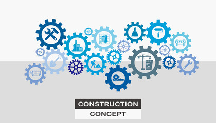construction concept background with industrial flat icons in gears