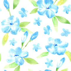 Floral seamless pattern with blue flowers and leaves.Watercolor hand drawn illustration.White background.