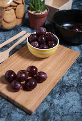 Fresh grape fruits on marble table. Flat lay.