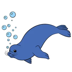 Kussenhoes Cartoon animals. Little cute baby seal swims. © ya_mayka