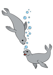 Cartoon animals. Two little cute seals swim.