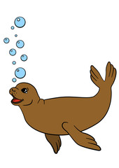 Cartoon animals. Little cute brown fur seal swims.