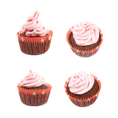 Chocolate muffin with pink cream isolated