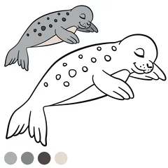 Draagtas Coloring page with colors. Little cute spotted baby seal. © ya_mayka