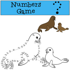 Educational game: Numbers game with contour. Mother seal with baby