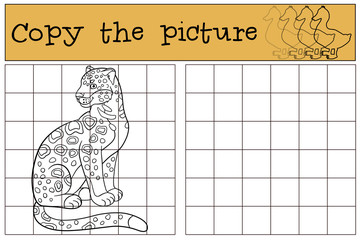 Educational game: Copy the picture. Cute spotted jaguar smiles.