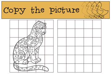Fototapeta premium Educational game: Copy the picture. Cute spotted jaguar smiles.