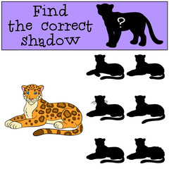 Educational game: Find the correct shadow. Cute jaguar smiles.