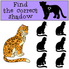 Educational game: Find the correct shadow. Cute jaguar smiles.