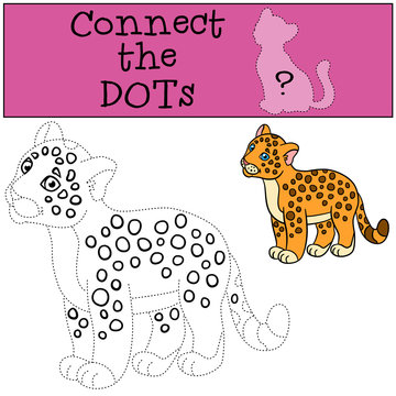 Educational game: Connect the dots. Cute baby jaguar smiles.