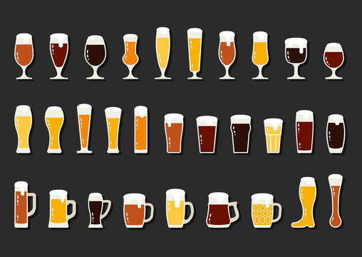 Vector icons set of beer with foam in mugs and glasses