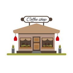Coffee shop in flat style - vector illustration stock. Infographic elements. Market icon with showcases isolated on white background. Store on the street.