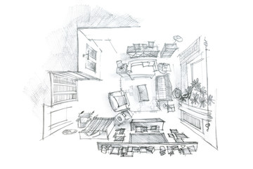 freehand interior sketch of living room with furniture, top view