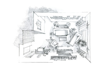 top view pencil drawing of living room in black and white