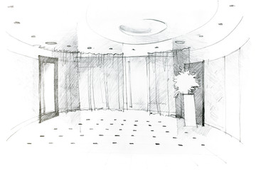 freehand drawing of modern hall design concept