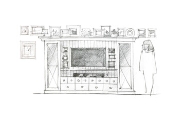 designer freehand drawing of variant for wall unit for living ro