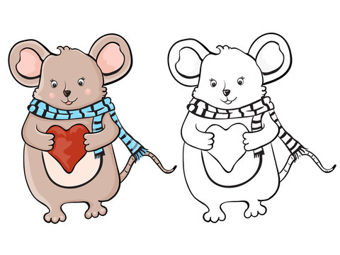 Cute mouse with heart. Coloring book
