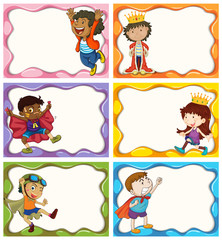 Label design with boys in costumes