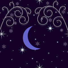 Winter background with snowflakes, stars, crescent moon and snow. Decorations for Christmas