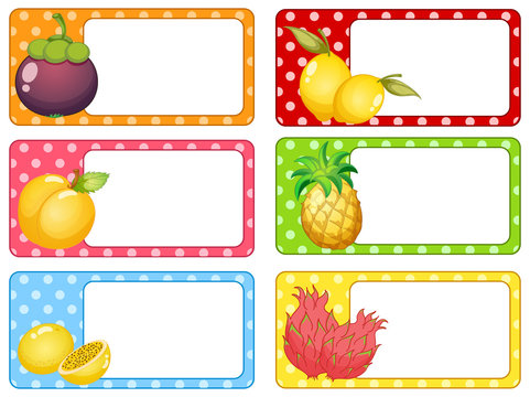 Square labels with fresh fruits