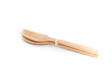 Wooden spoon and fork, on white background