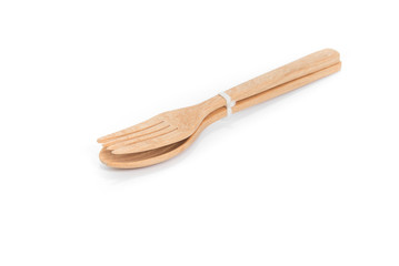 Wooden spoon and fork, on white background