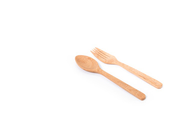 Wooden spoon and fork, on white background
