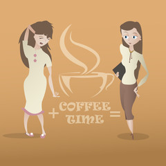 Cartoon sleepy and cheerful young woman characters and coffee cu