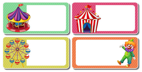 Label design with clown and circus tents