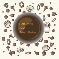 Creative hot drink cup top view and fresh bakery background vect