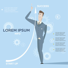 Cartoon young business man character and move up arrow vector il