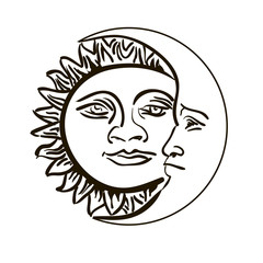 Sun and month emblem isolated over white vector illustration