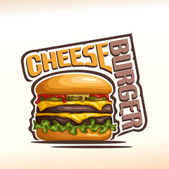 Vector logo cheeseburger, consisting of cut bun, meat beef hamburger grilled patty, pickle cucumber, slice cheese cheddar, leaf lettuce salad, ketchup. Cheeseburger menu for american fast food cafe