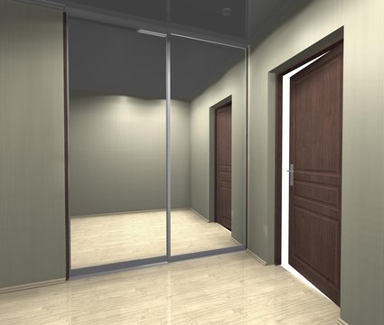 mirrored wardrobe with sliding doors, interior design 3D rendering