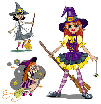 Set of three cute cartoon witches. Vector clip art.