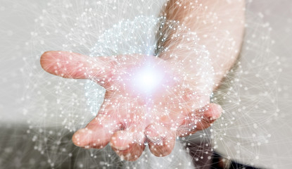 Businessman using data network with his hand