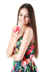 woman eat  apple on white