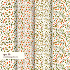Four seamless textures. Flowers and berries.
