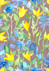 Vintage seamless wallpaper, floral art - fantasy meadow flowers. Watercolor