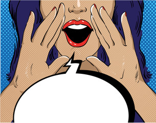 Woman with speech bubble in retro pop art style. Girl screaming template comic vector illustration. Face open mouth © skypicsstudio