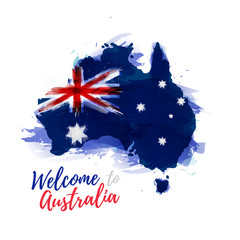Obraz na płótnie Canvas Symbol, poster, banner Australia. Map of Australia with the decoration of the national flag. Style watercolor drawing. Australia map with national flag. Vector.