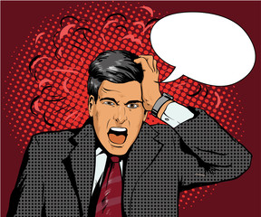 Businessman in panic of the financial crisis or business failure. Vector illustration in pop art retro style. Man with speech bubble