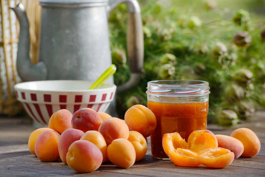 Apricots and pot of jam