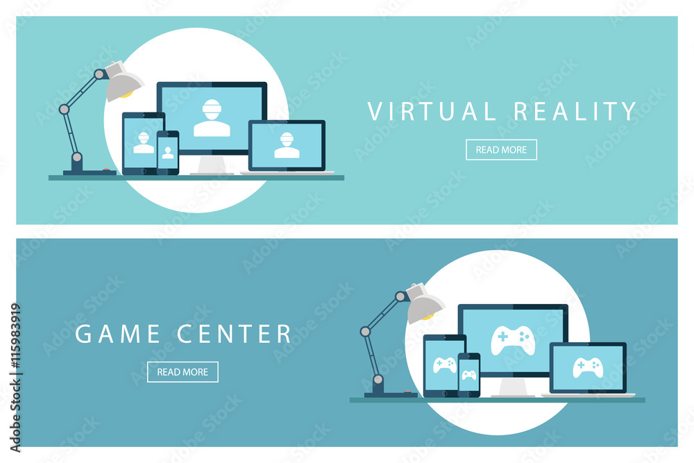 Poster Set of flat design illustration concepts Virtual reality and Game center. Banners for web design, marketing and promotion. Presentation templates. Vector illustration.