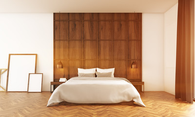 Big bedroom with posters near wooden wall