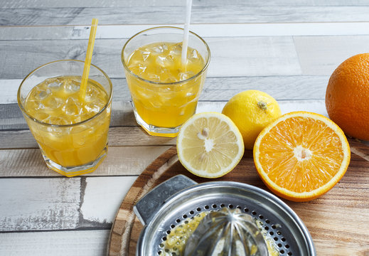 The cooled drink with fresh lemon and orange