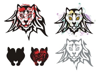 Tribal cat's head symbols. Abstract symbols of the cat's heads. Grunge head of a cat and icons of the cat's head